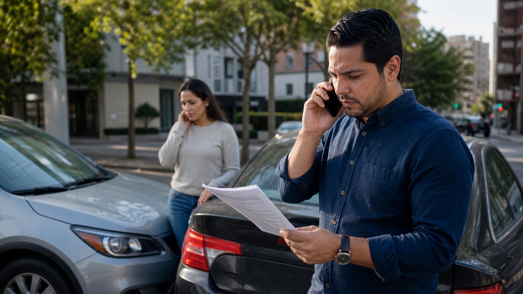 Conductor latino despues de un choque de carro revisando documentos del seguro