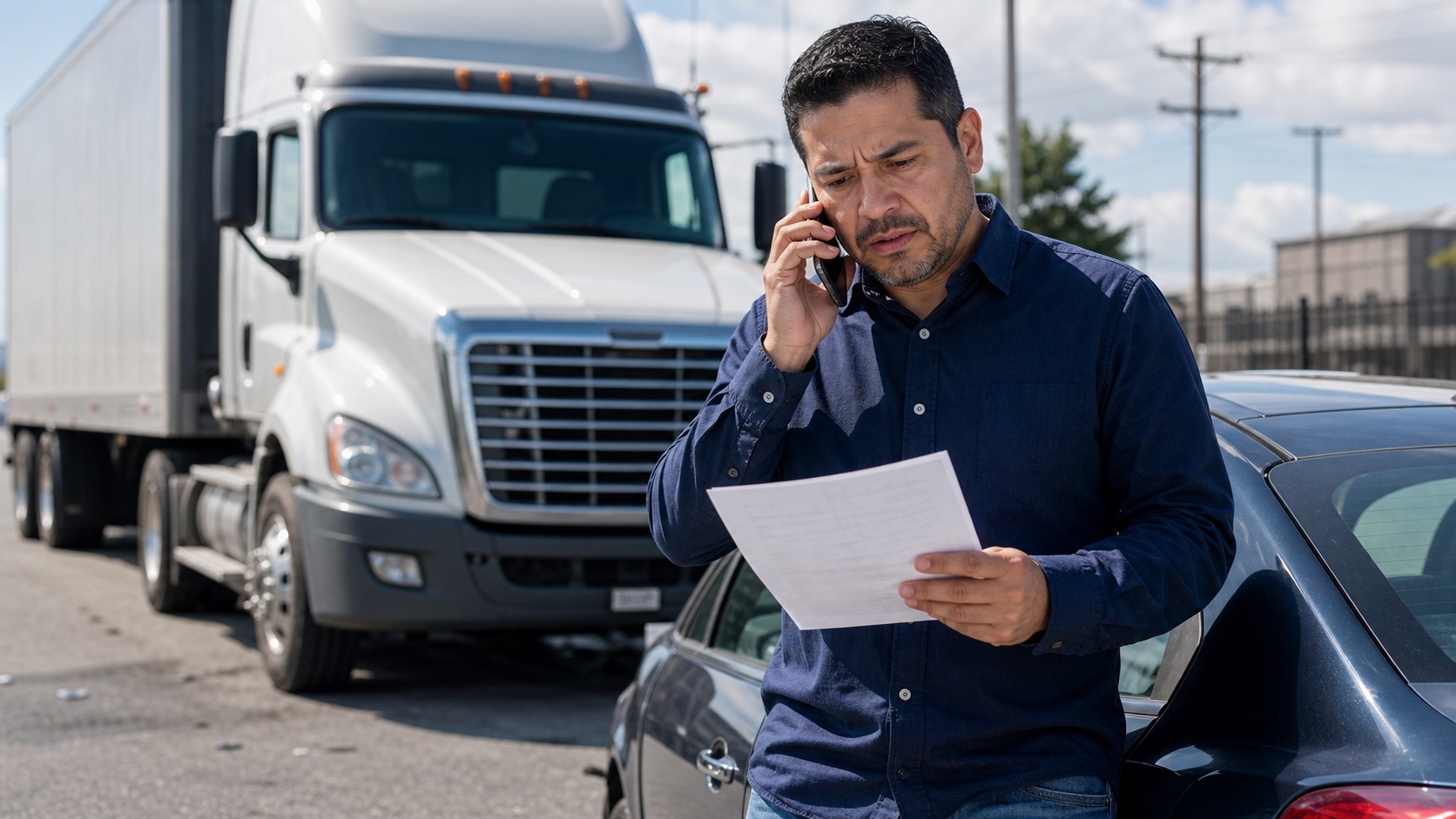 Conductor latino fotografiando un camion comercial y la escena del choque para preservar placas, numero de unidad, danos y condiciones de la carretera