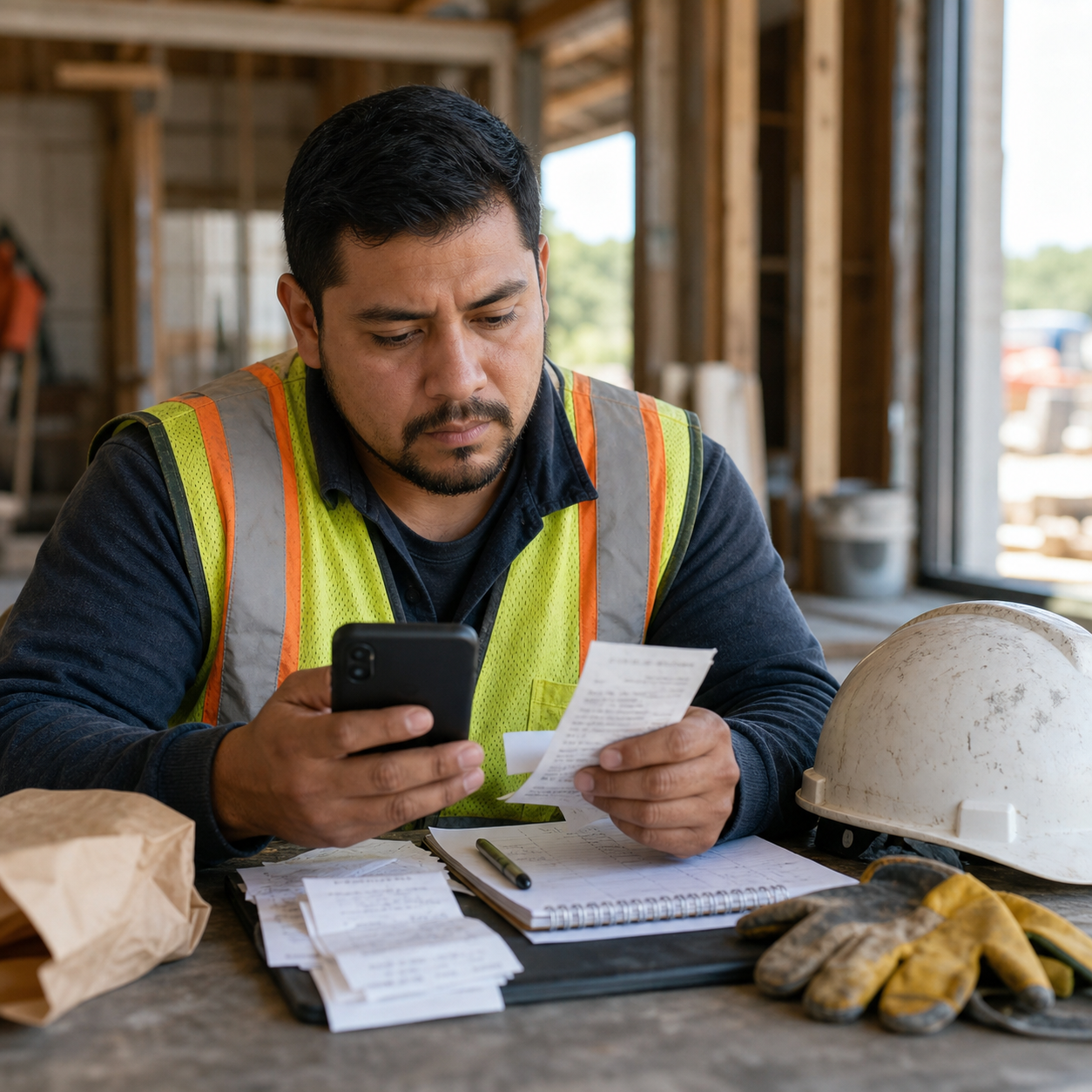 Trabajador latino que recibe pago en efectivo organizando en su telefono mensajes, calendario, fotos del trabajo y registros de dias perdidos despues de una lesion